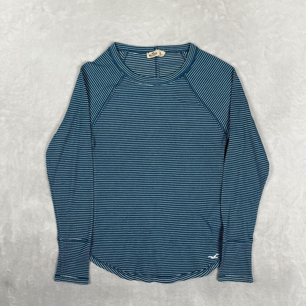 Hollister T-Shirt Juniors L Blue Stripe Long Sleeve Raglan Knit Embroidered Y2K